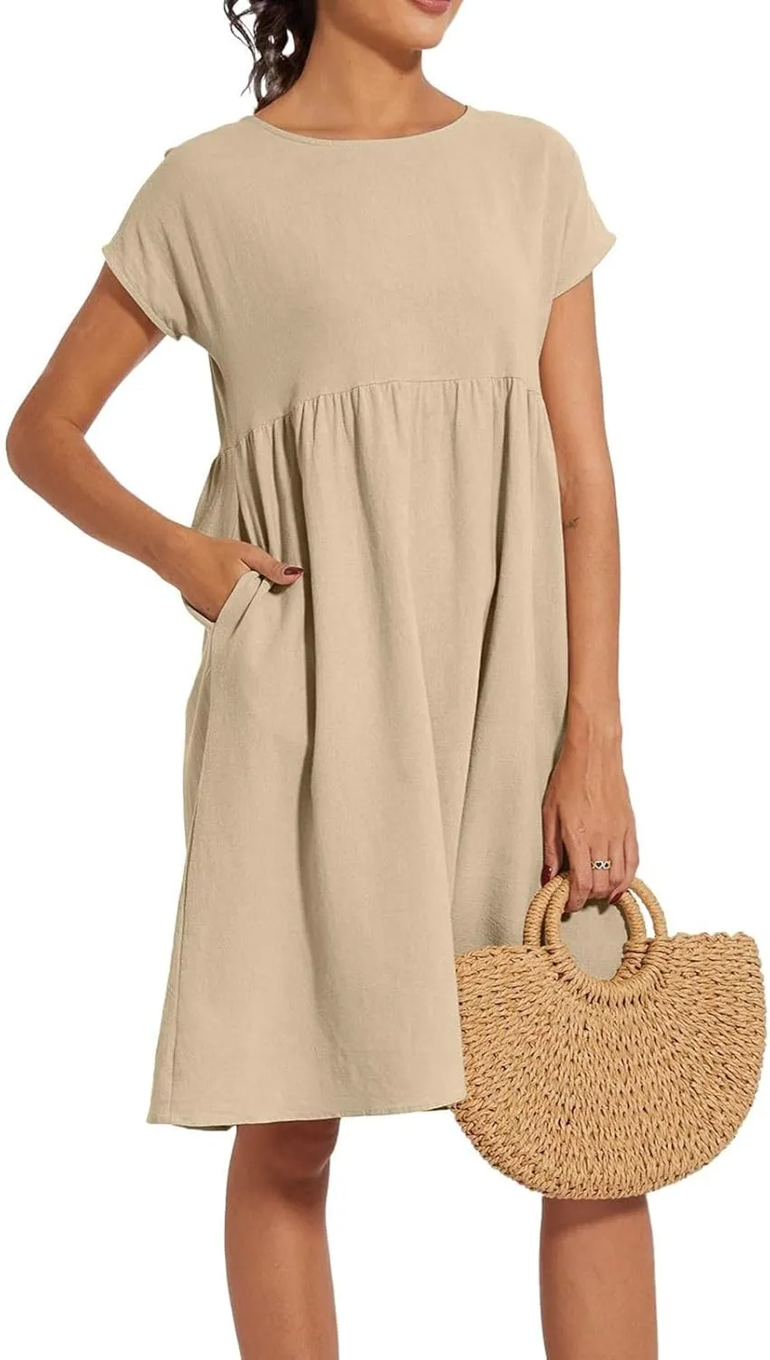 Linen Dresses for Women 2025 Solid Color Short Sleeve A-line Midi Dress with Pockets Comfy Loose Flowy Casual Dresses