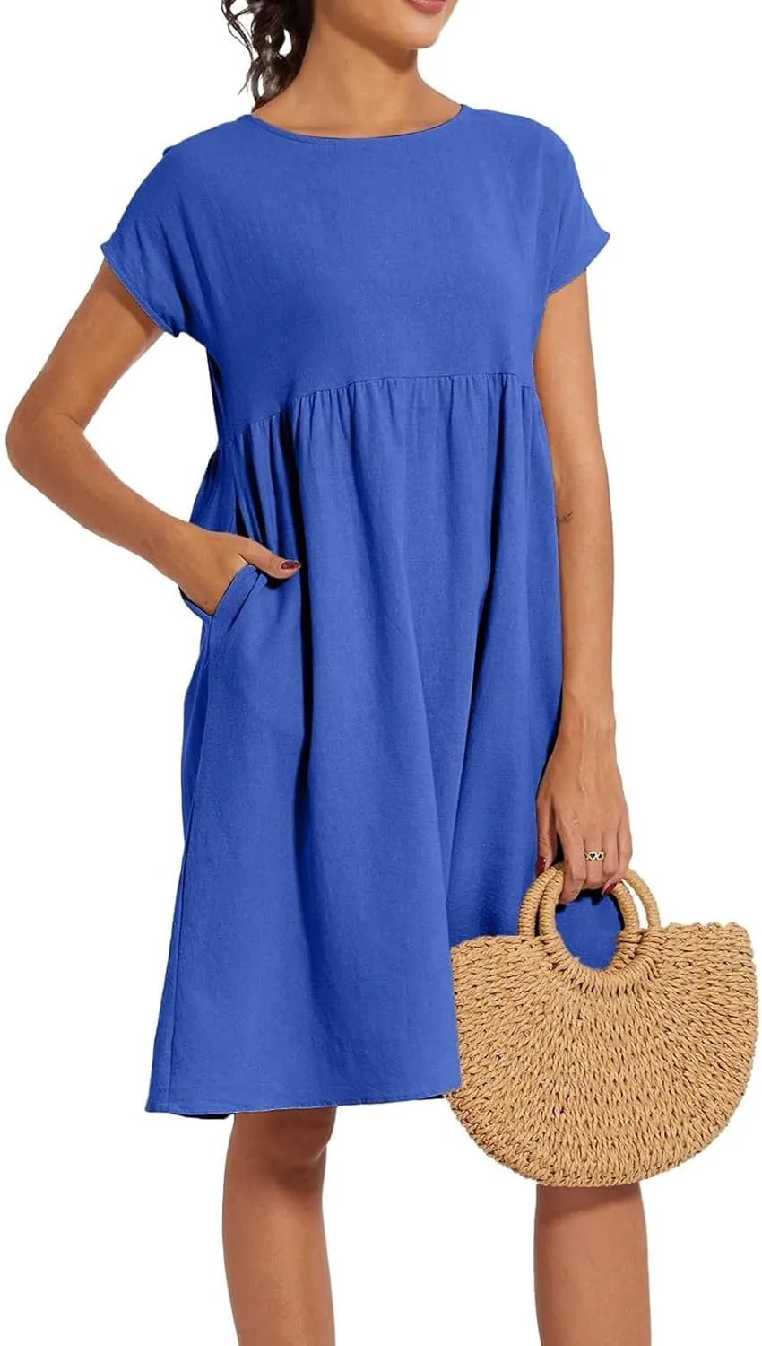 Linen Dresses for Women 2025 Solid Color Short Sleeve A-line Midi Dress with Pockets Comfy Loose Flowy Casual Dresses