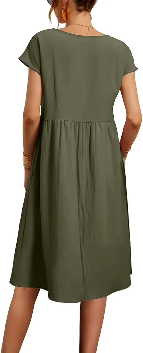 Linen Dresses for Women 2025 Solid Color Short Sleeve A-line Midi Dress with Pockets Comfy Loose Flowy Casual Dresses