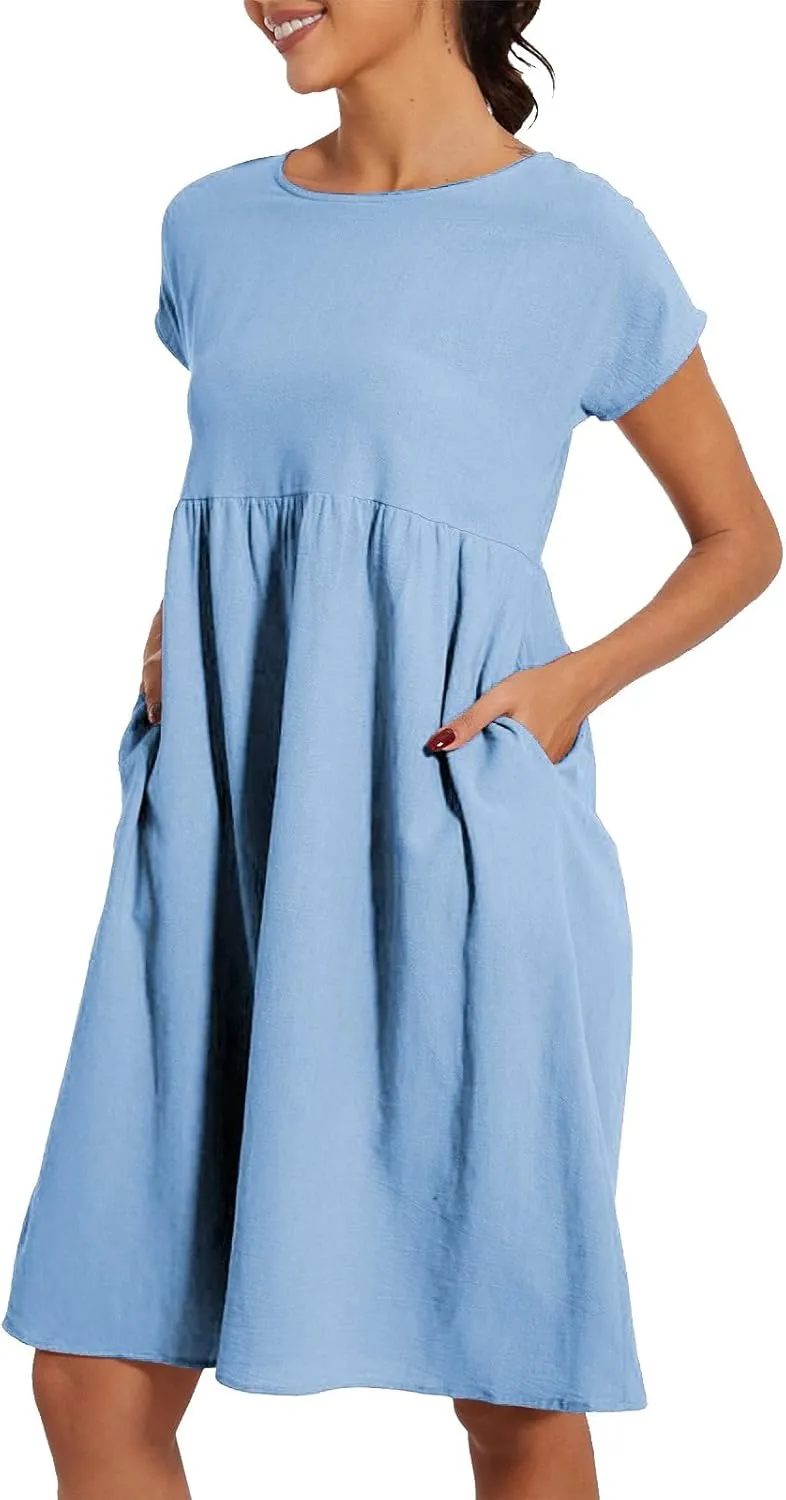Linen Dresses for Women 2025 Solid Color Short Sleeve A-line Midi Dress with Pockets Comfy Loose Flowy Casual Dresses