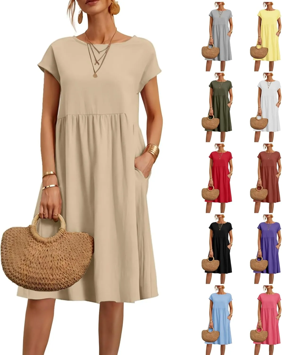 Linen Dresses for Women 2025 Solid Color Short Sleeve A-line Midi Dress with Pockets Comfy Loose Flowy Casual Dresses