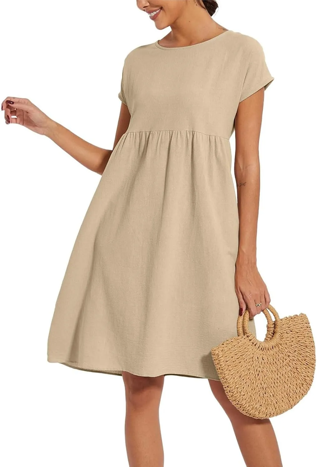 Linen Dresses for Women 2025 Solid Color Short Sleeve A-line Midi Dress with Pockets Comfy Loose Flowy Casual Dresses