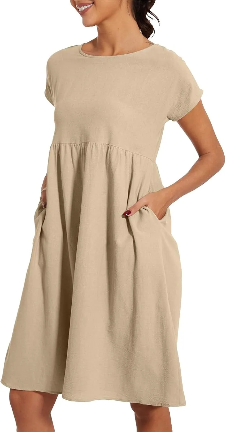 Linen Dresses for Women 2025 Solid Color Short Sleeve A-line Midi Dress with Pockets Comfy Loose Flowy Casual Dresses