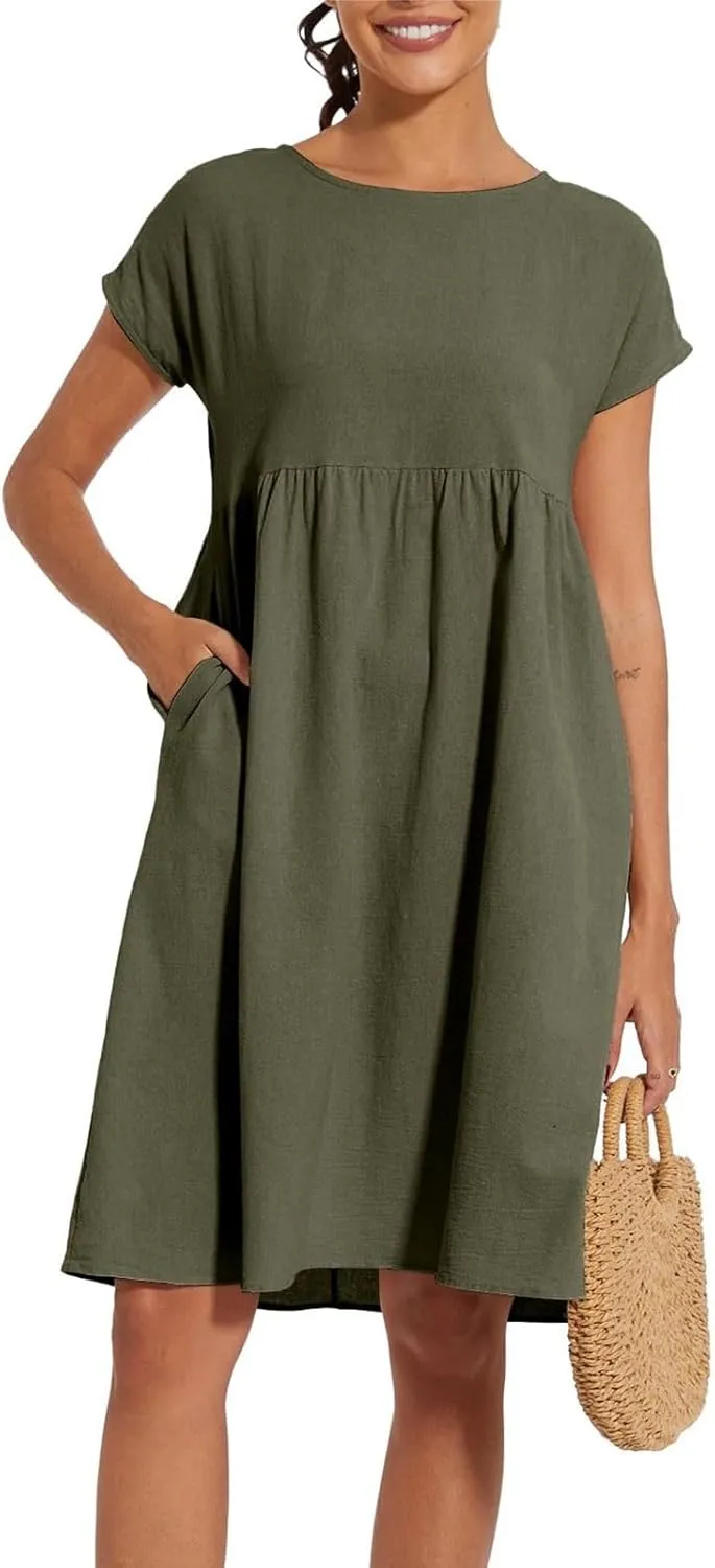 Linen Dresses for Women 2025 Solid Color Short Sleeve A-line Midi Dress with Pockets Comfy Loose Flowy Casual Dresses