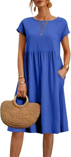 Linen Dresses for Women 2025 Solid Color Short Sleeve A-line Midi Dress with Pockets Comfy Loose Flowy Casual Dresses
