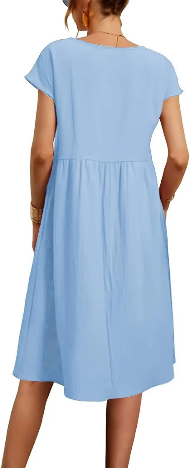 Linen Dresses for Women 2025 Solid Color Short Sleeve A-line Midi Dress with Pockets Comfy Loose Flowy Casual Dresses