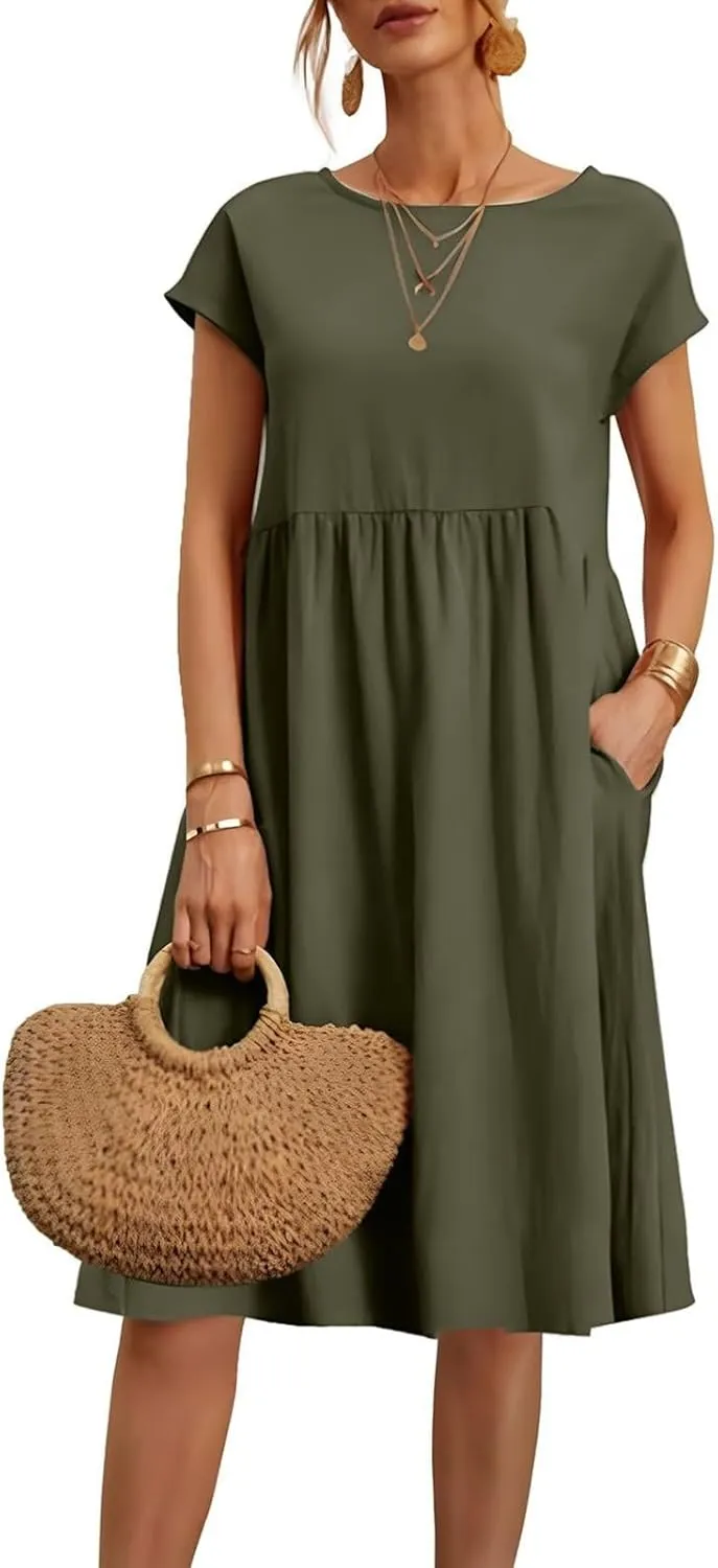 Linen Dresses for Women 2025 Solid Color Short Sleeve A-line Midi Dress with Pockets Comfy Loose Flowy Casual Dresses