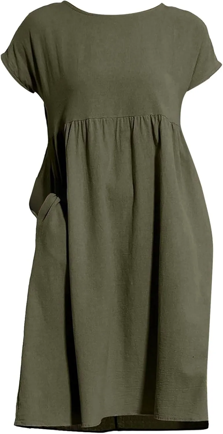 Linen Dresses for Women 2025 Solid Color Short Sleeve A-line Midi Dress with Pockets Comfy Loose Flowy Casual Dresses