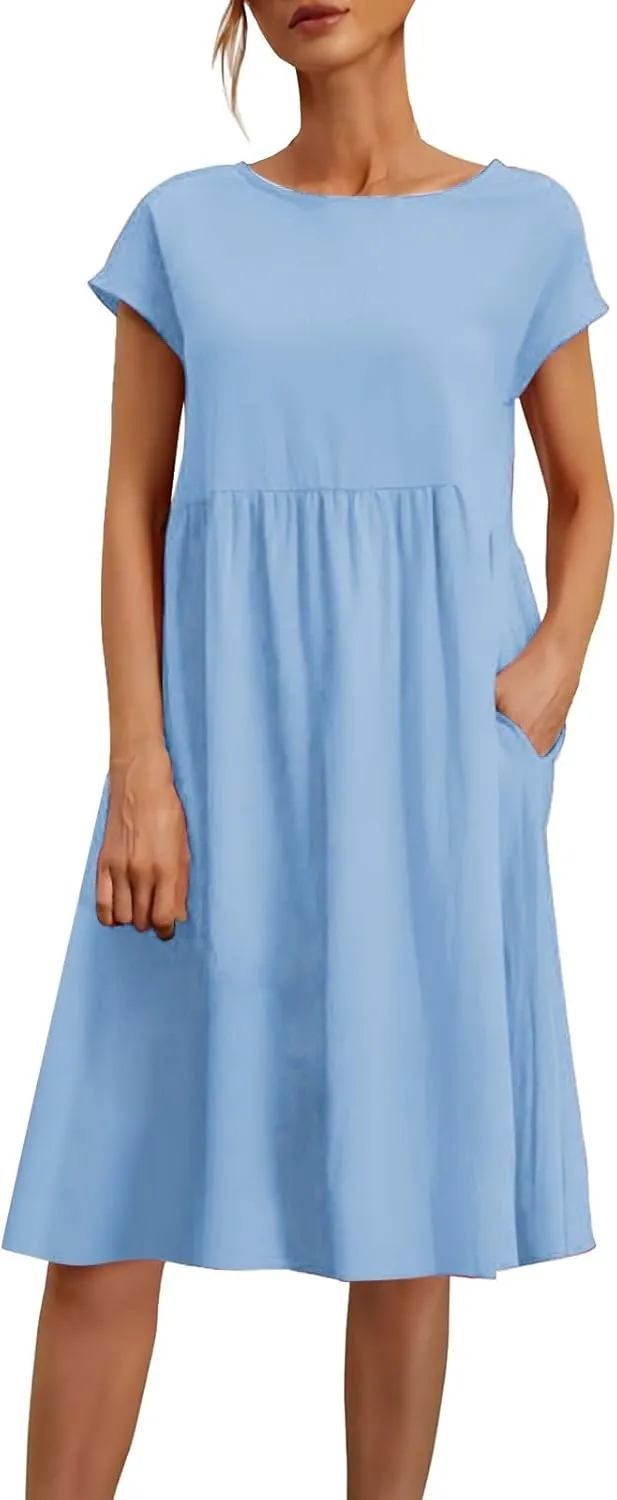 Linen Dresses for Women 2025 Solid Color Short Sleeve A-line Midi Dress with Pockets Comfy Loose Flowy Casual Dresses