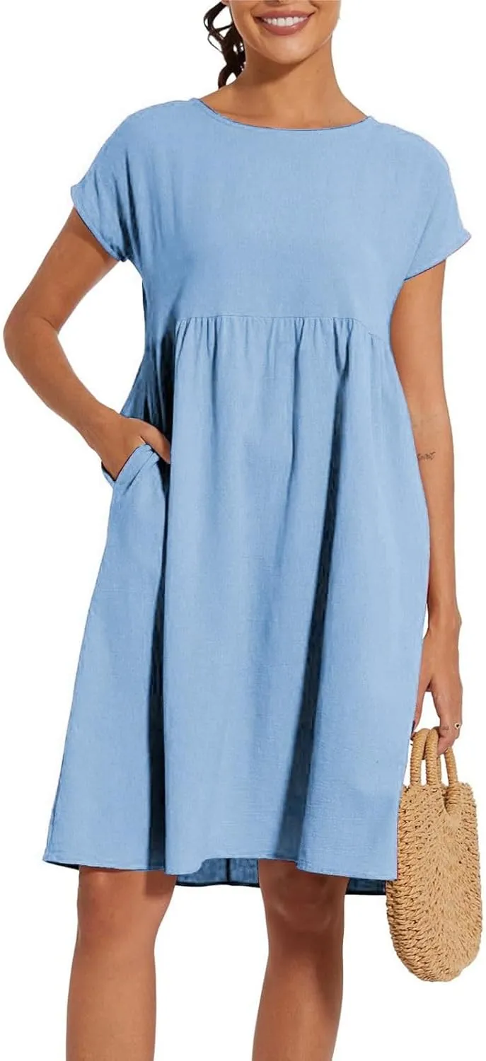 Linen Dresses for Women 2025 Solid Color Short Sleeve A-line Midi Dress with Pockets Comfy Loose Flowy Casual Dresses