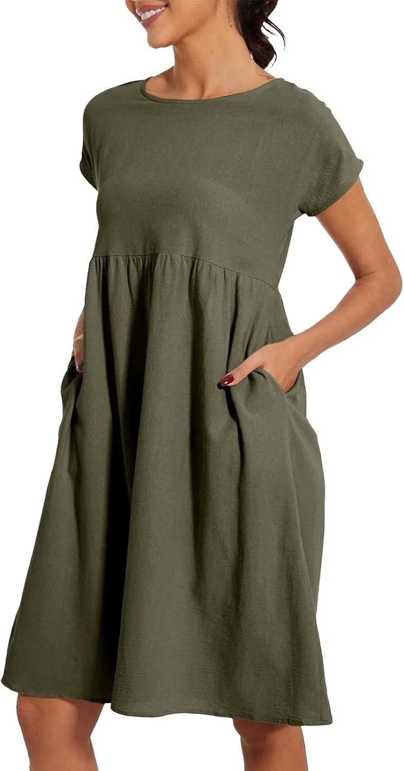 Linen Dresses for Women 2025 Solid Color Short Sleeve A-line Midi Dress with Pockets Comfy Loose Flowy Casual Dresses