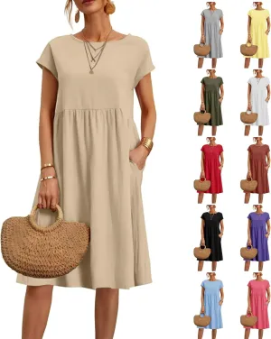 Linen Dresses for Women 2025 Solid Color Short Sleeve A-line Midi Dress with Pockets Comfy Loose Flowy Casual Dresses