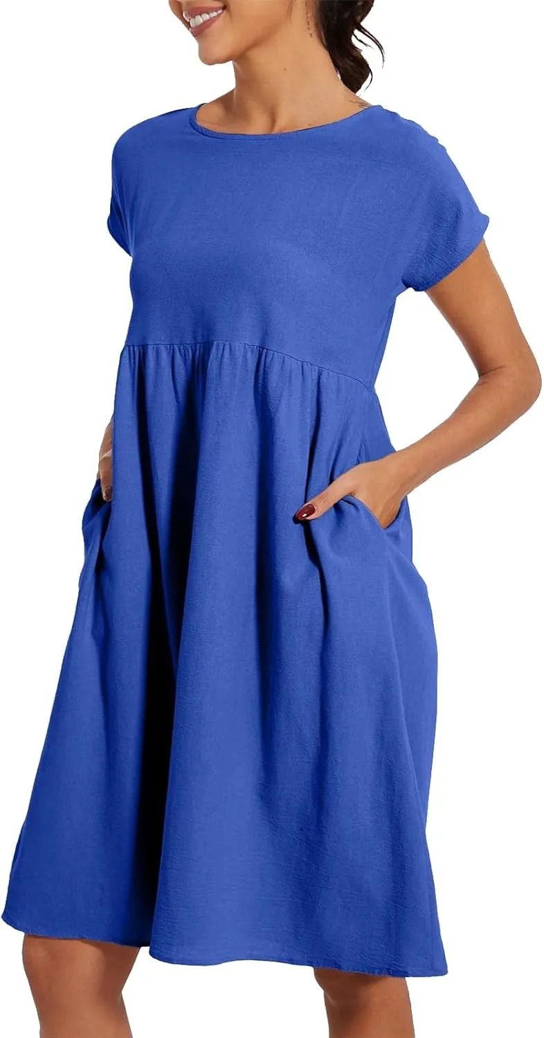Linen Dresses for Women 2025 Solid Color Short Sleeve A-line Midi Dress with Pockets Comfy Loose Flowy Casual Dresses