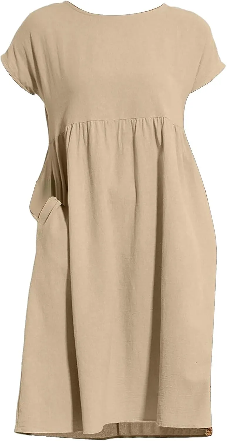 Linen Dresses for Women 2025 Solid Color Short Sleeve A-line Midi Dress with Pockets Comfy Loose Flowy Casual Dresses