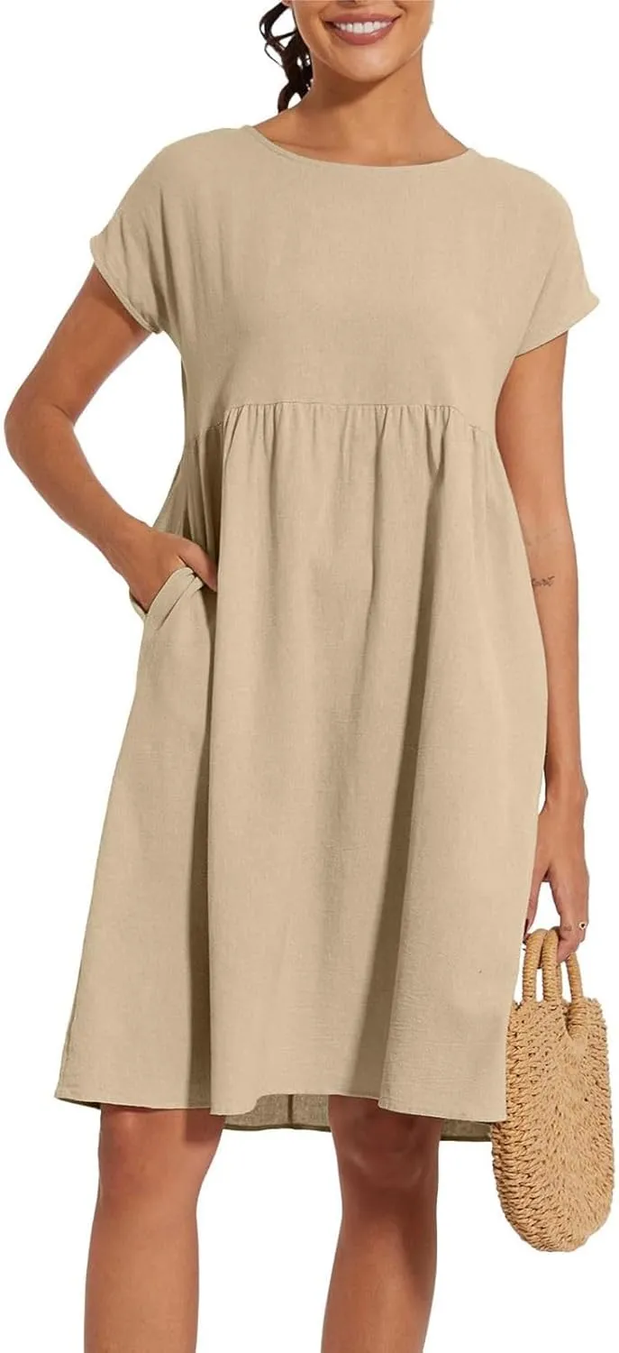 Linen Dresses for Women 2025 Solid Color Short Sleeve A-line Midi Dress with Pockets Comfy Loose Flowy Casual Dresses
