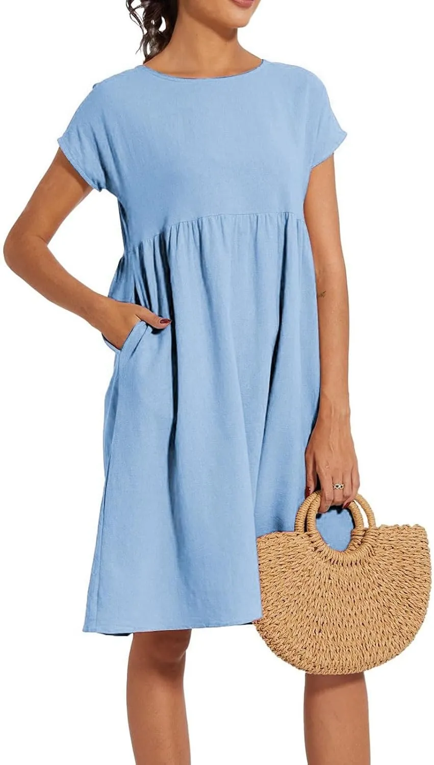 Linen Dresses for Women 2025 Solid Color Short Sleeve A-line Midi Dress with Pockets Comfy Loose Flowy Casual Dresses