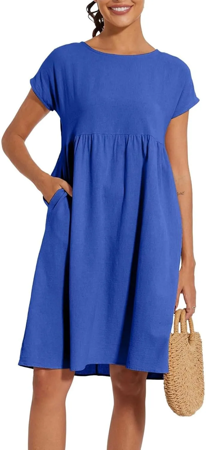 Linen Dresses for Women 2025 Solid Color Short Sleeve A-line Midi Dress with Pockets Comfy Loose Flowy Casual Dresses