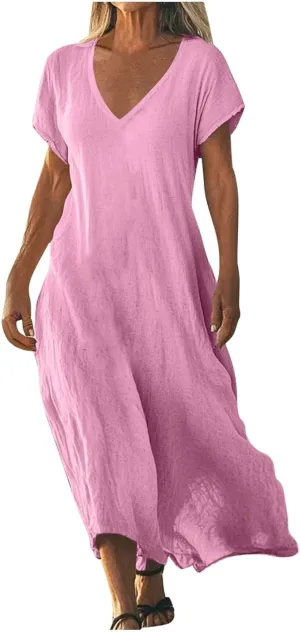 Linen Dresses for Women Flowy V Neck Short Sleeve 2025 Maxi Dress Lightweight Summer Beach Vacation Casual Clothes
