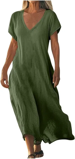 Linen Dresses for Women Flowy V Neck Short Sleeve 2025 Maxi Dress Lightweight Summer Beach Vacation Casual Clothes