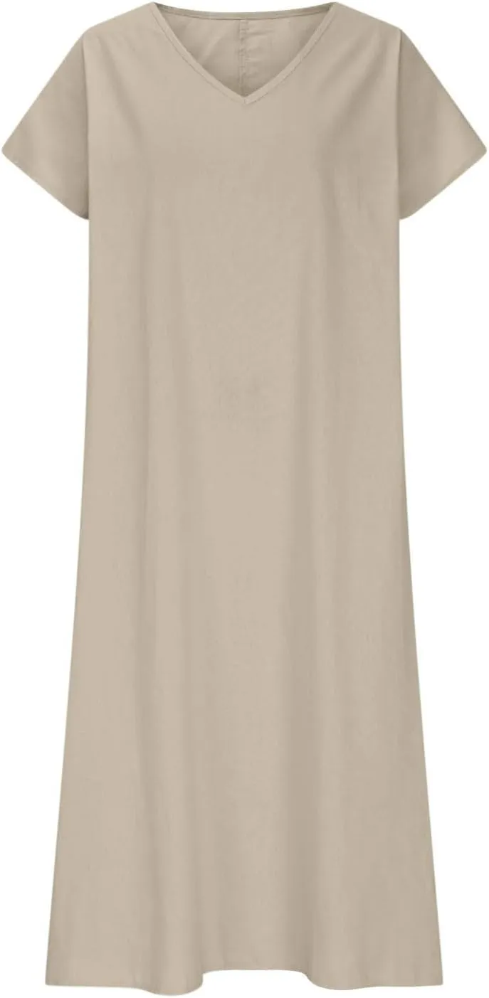 Linen Dresses for Women Flowy V Neck Short Sleeve 2025 Maxi Dress Lightweight Summer Beach Vacation Casual Clothes