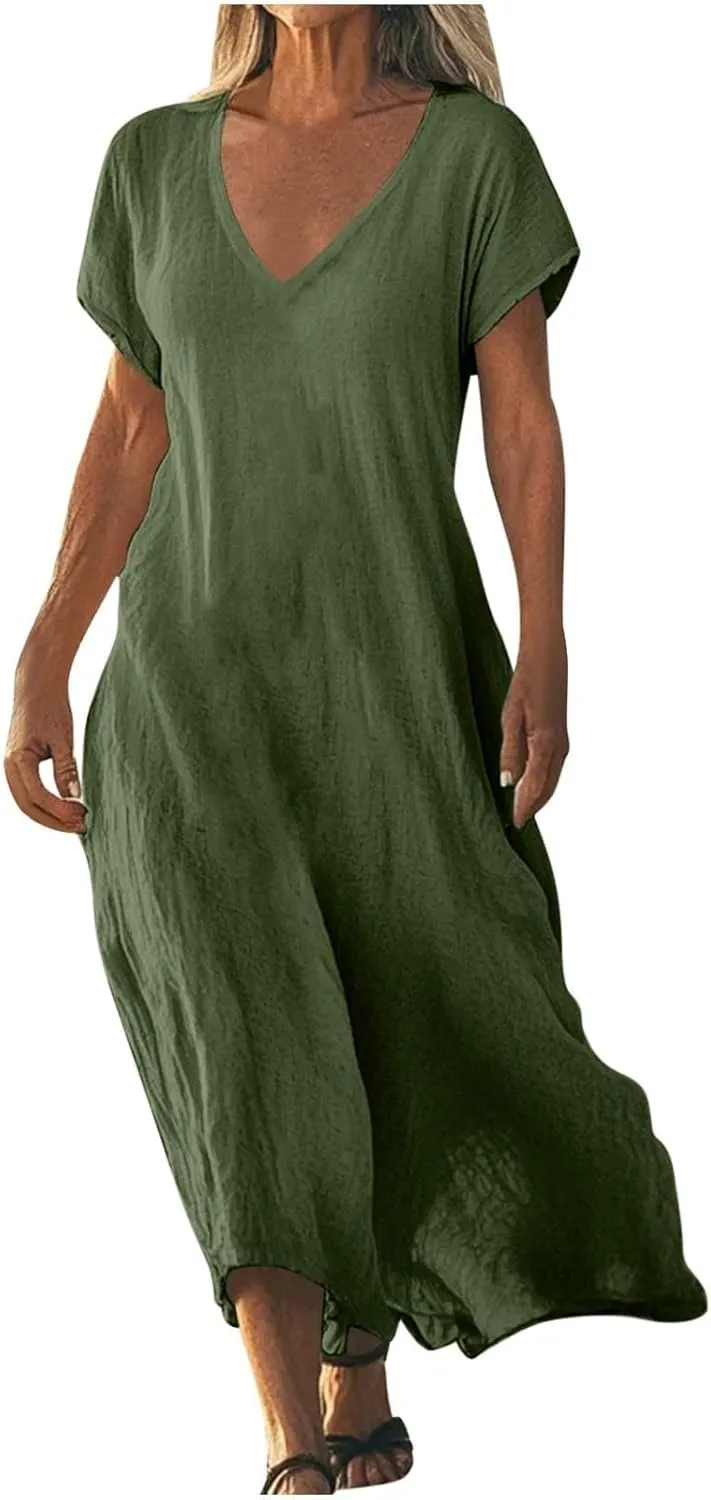 Linen Dresses for Women Flowy V Neck Short Sleeve 2025 Maxi Dress Lightweight Summer Beach Vacation Casual Clothes