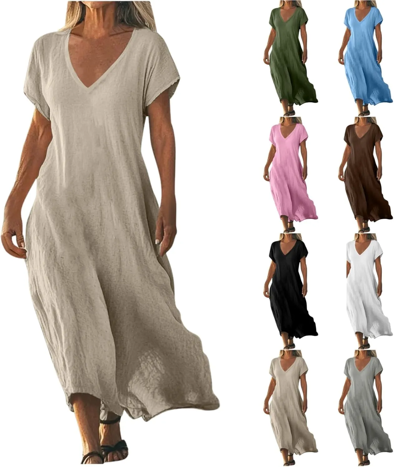 Linen Dresses for Women Flowy V Neck Short Sleeve 2025 Maxi Dress Lightweight Summer Beach Vacation Casual Clothes