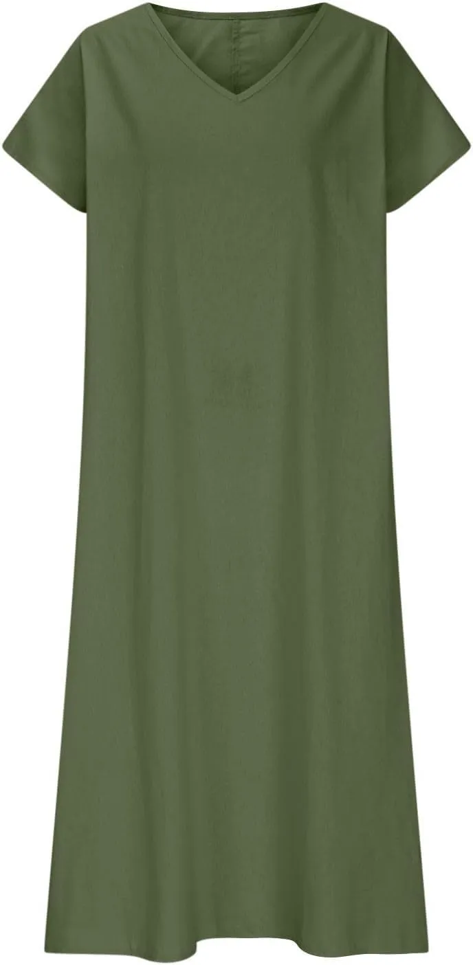 Linen Dresses for Women Flowy V Neck Short Sleeve 2025 Maxi Dress Lightweight Summer Beach Vacation Casual Clothes