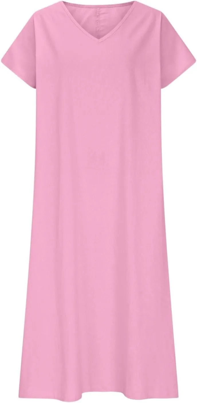 Linen Dresses for Women Flowy V Neck Short Sleeve 2025 Maxi Dress Lightweight Summer Beach Vacation Casual Clothes