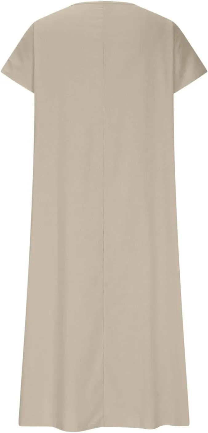 Linen Dresses for Women Flowy V Neck Short Sleeve 2025 Maxi Dress Lightweight Summer Beach Vacation Casual Clothes