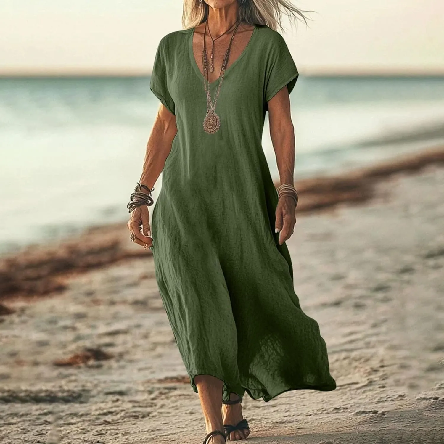 Linen Dresses for Women Flowy V Neck Short Sleeve 2025 Maxi Dress Lightweight Summer Beach Vacation Casual Clothes