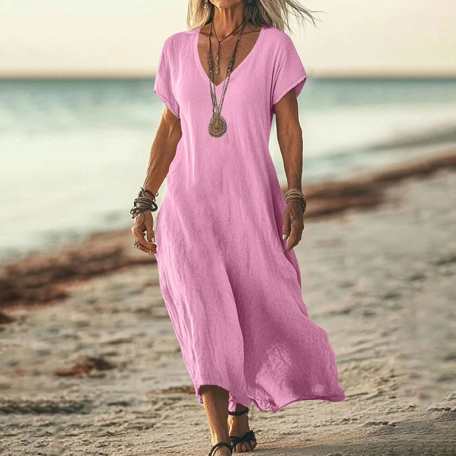 Linen Dresses for Women Flowy V Neck Short Sleeve 2025 Maxi Dress Lightweight Summer Beach Vacation Casual Clothes