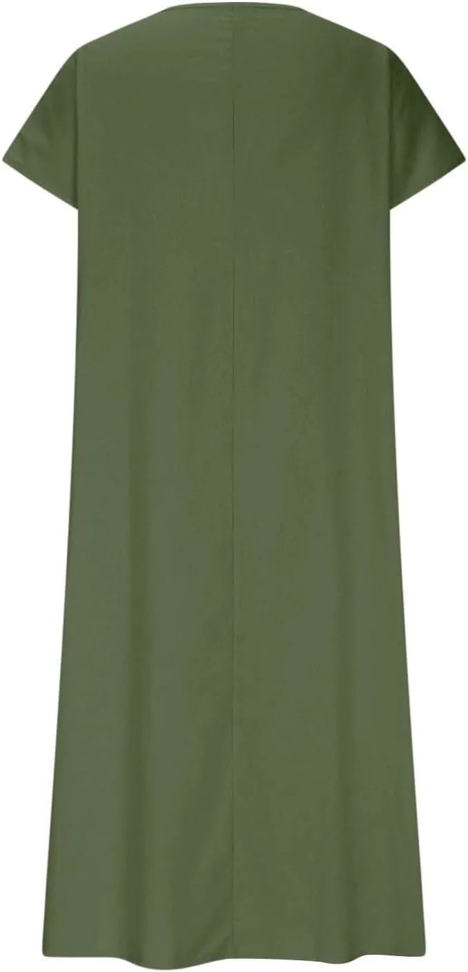 Linen Dresses for Women Flowy V Neck Short Sleeve 2025 Maxi Dress Lightweight Summer Beach Vacation Casual Clothes