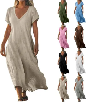 Linen Dresses for Women Flowy V Neck Short Sleeve 2025 Maxi Dress Lightweight Summer Beach Vacation Casual Clothes