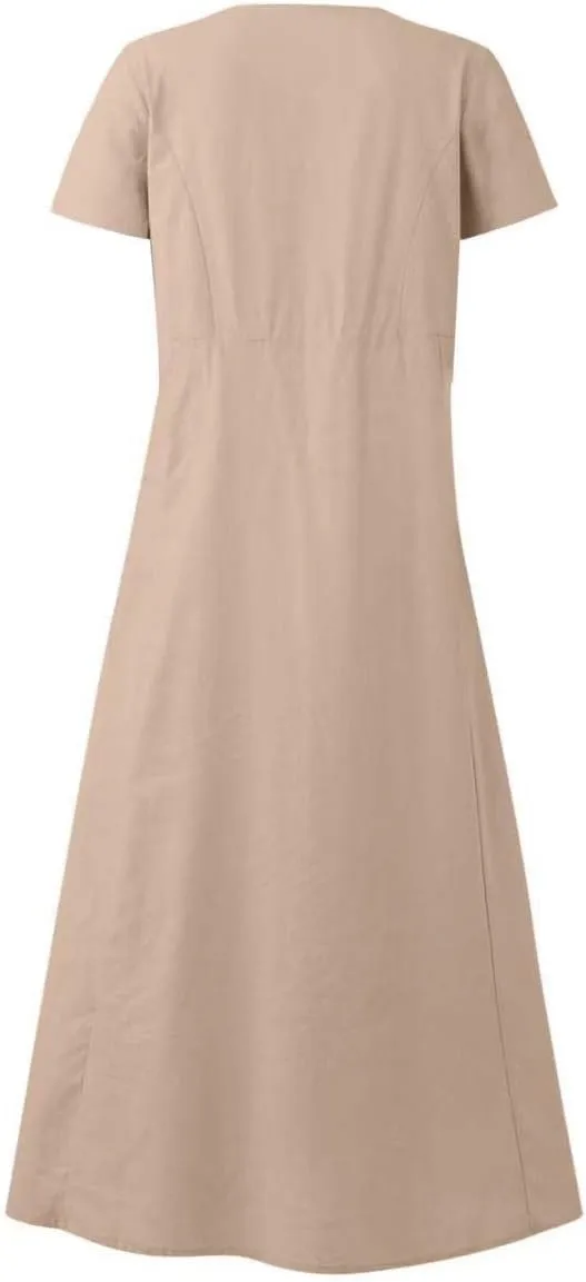 Linen Dresses for Women Short Sleeve Crewneck Loose Midi Dresses Lightweight Casual Flowy Summer Dress with Pockets