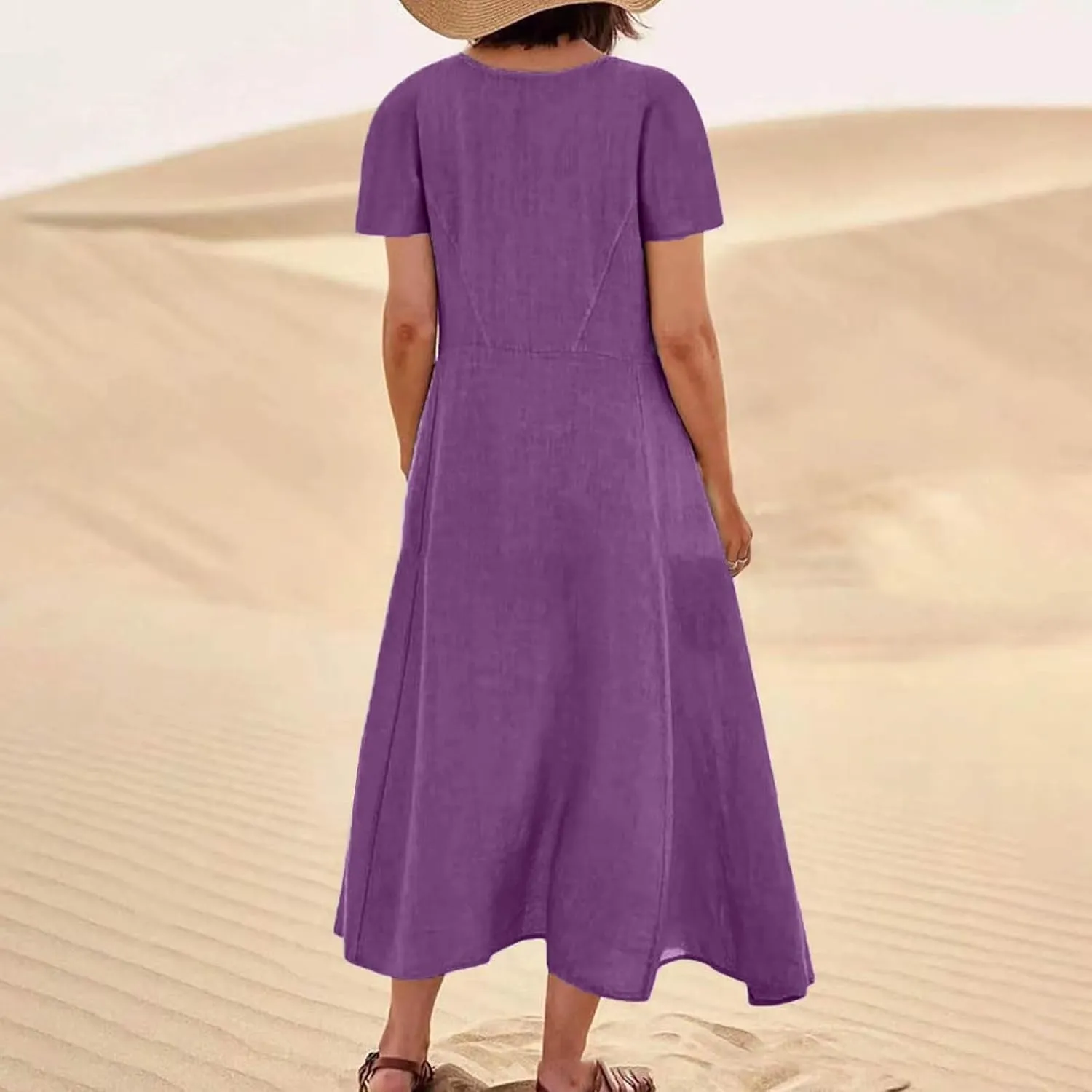 Linen Dresses for Women Short Sleeve Crewneck Loose Midi Dresses Lightweight Casual Flowy Summer Dress with Pockets
