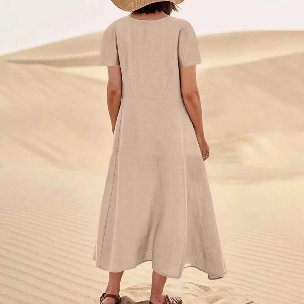Linen Dresses for Women Short Sleeve Crewneck Loose Midi Dresses Lightweight Casual Flowy Summer Dress with Pockets