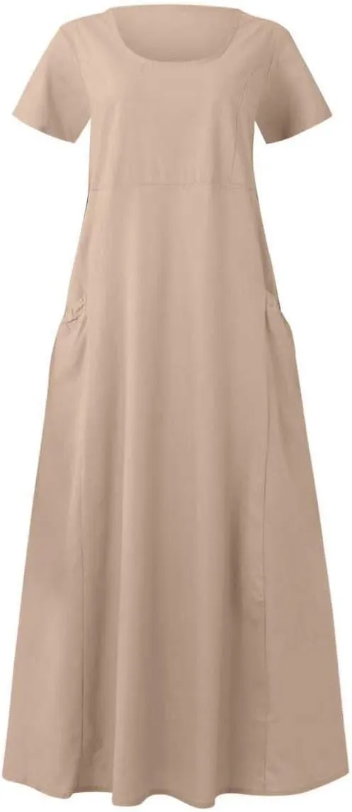 Linen Dresses for Women Short Sleeve Crewneck Loose Midi Dresses Lightweight Casual Flowy Summer Dress with Pockets