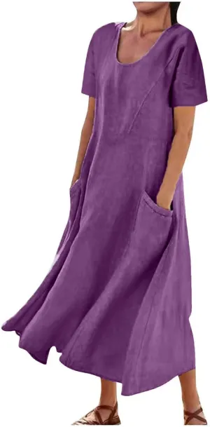 Linen Dresses for Women Short Sleeve Crewneck Loose Midi Dresses Lightweight Casual Flowy Summer Dress with Pockets
