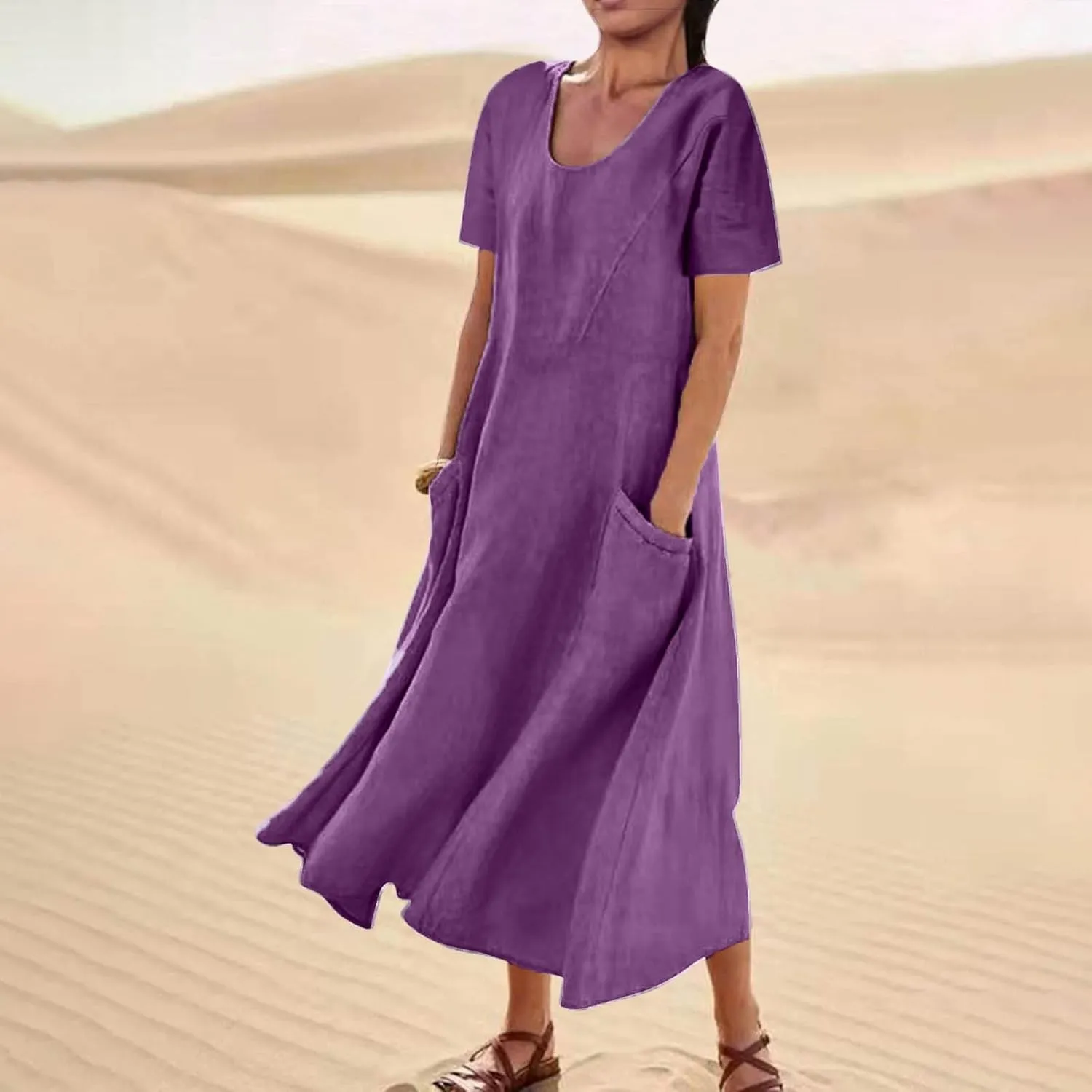 Linen Dresses for Women Short Sleeve Crewneck Loose Midi Dresses Lightweight Casual Flowy Summer Dress with Pockets