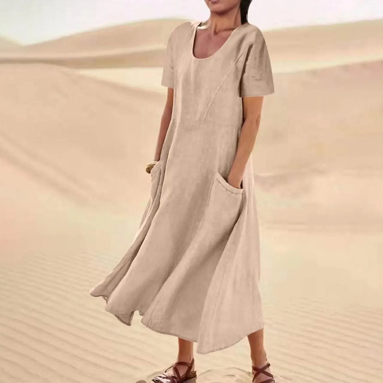Linen Dresses for Women Short Sleeve Crewneck Loose Midi Dresses Lightweight Casual Flowy Summer Dress with Pockets