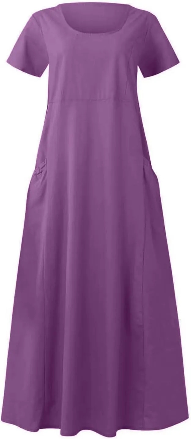 Linen Dresses for Women Short Sleeve Crewneck Loose Midi Dresses Lightweight Casual Flowy Summer Dress with Pockets