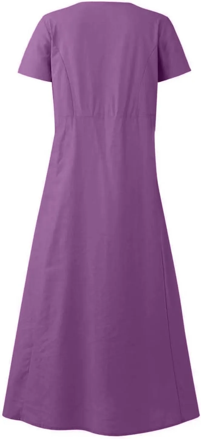 Linen Dresses for Women Short Sleeve Crewneck Loose Midi Dresses Lightweight Casual Flowy Summer Dress with Pockets