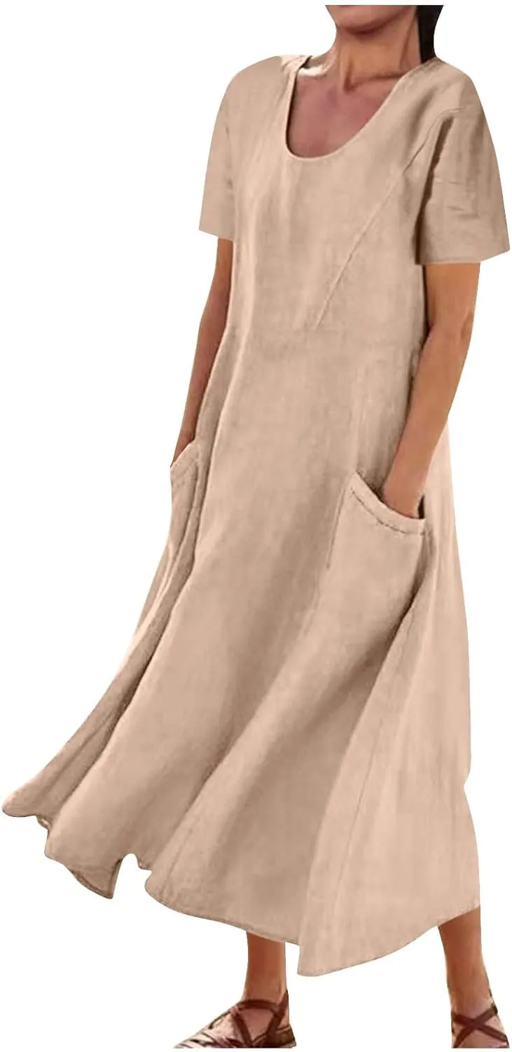 Linen Dresses for Women Short Sleeve Crewneck Loose Midi Dresses Lightweight Casual Flowy Summer Dress with Pockets