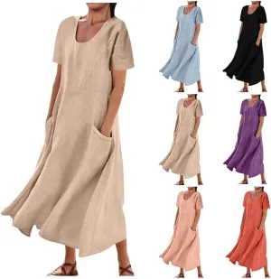 Linen Dresses for Women Short Sleeve Crewneck Loose Midi Dresses Lightweight Casual Flowy Summer Dress with Pockets