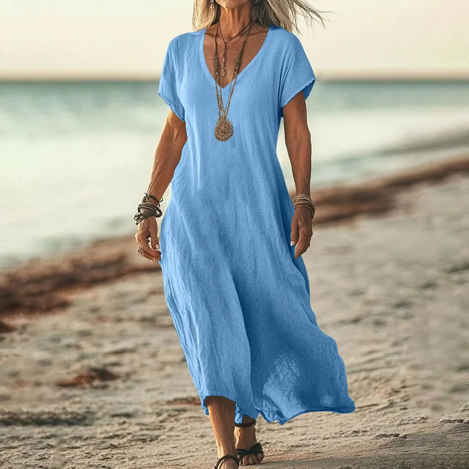 Linen Dresses for Women Short Sleeve V-Neck Beach Sundresses Lightweight Flowy Loose Summer Midi Dress
