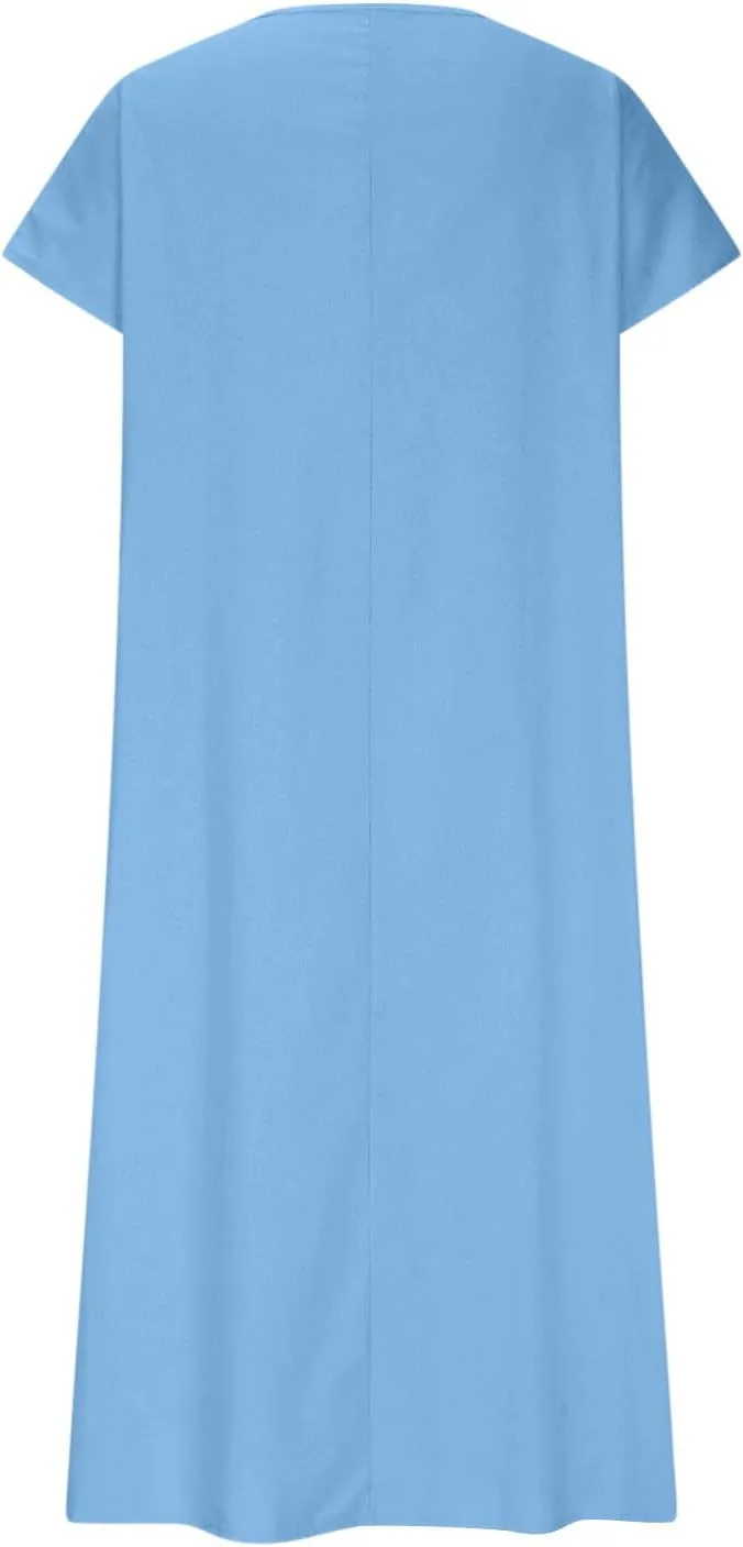 Linen Dresses for Women Short Sleeve V-Neck Beach Sundresses Lightweight Flowy Loose Summer Midi Dress