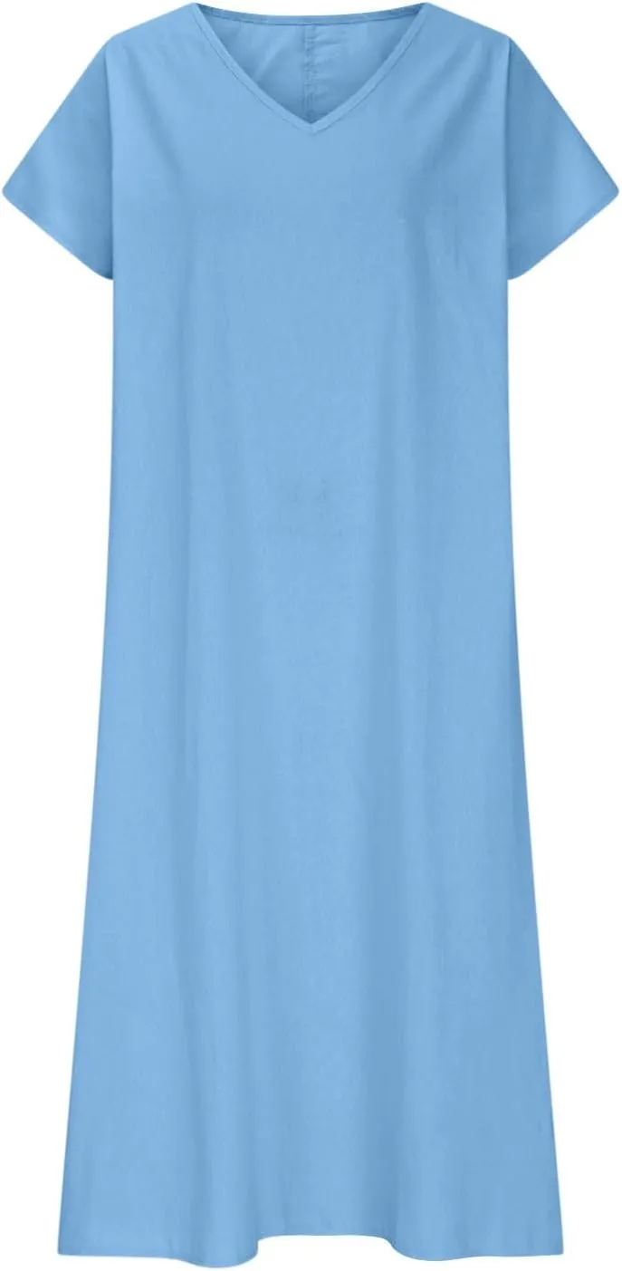 Linen Dresses for Women Short Sleeve V-Neck Beach Sundresses Lightweight Flowy Loose Summer Midi Dress