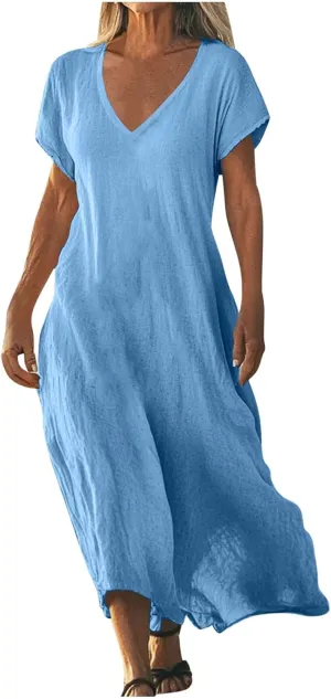 Linen Dresses for Women Short Sleeve V-Neck Beach Sundresses Lightweight Flowy Loose Summer Midi Dress