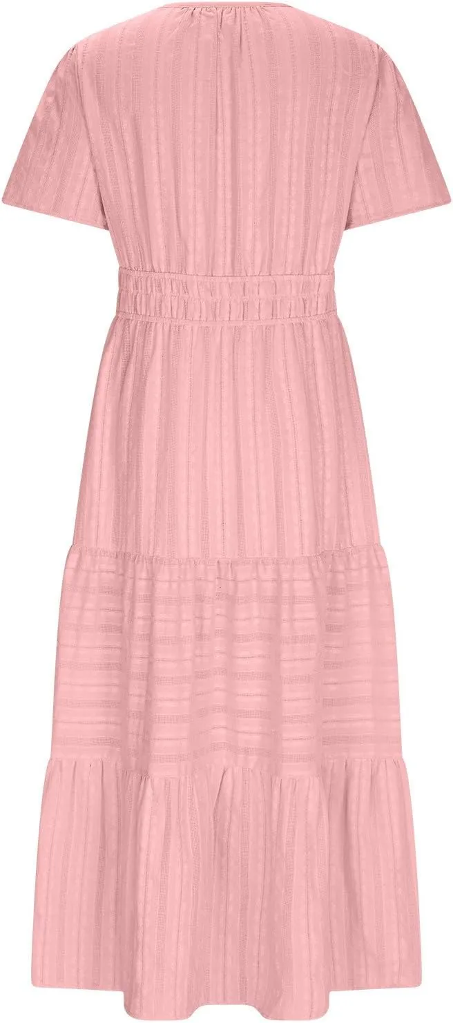 Lmdudan 2025 Womens Summer Casual Midi Maxi Dresses Lightweight Short Sleeve V Neck Elastic Waist Boho Beach Dress Sundress