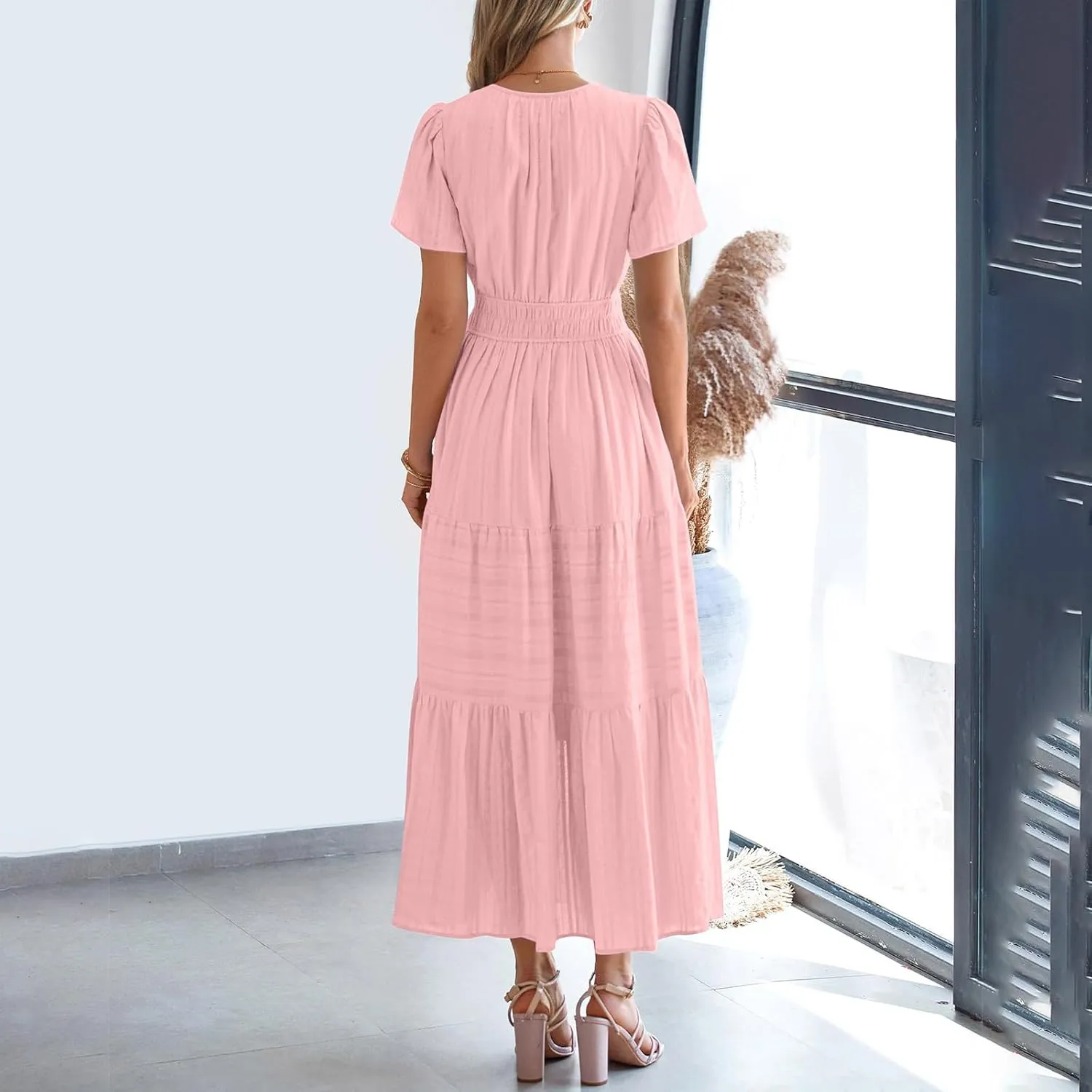 Lmdudan 2025 Womens Summer Casual Midi Maxi Dresses Lightweight Short Sleeve V Neck Elastic Waist Boho Beach Dress Sundress